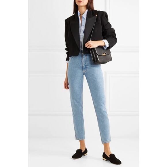 Jimmy Choo Jaida Black Suede Square Toe Smoking Slipper Flat Gold Heel 36 5.5 - Picture 2 of 16